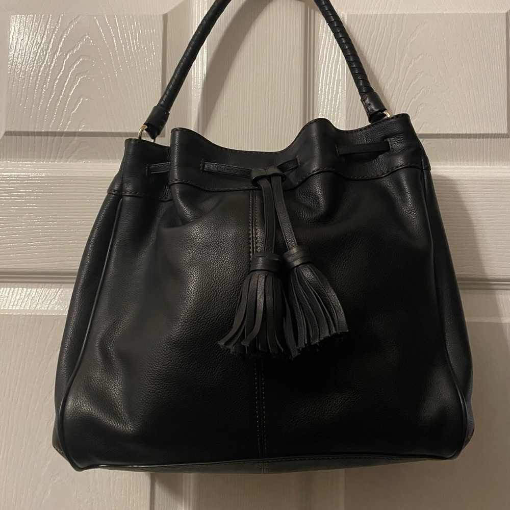 Black leather drawstring bucket bag